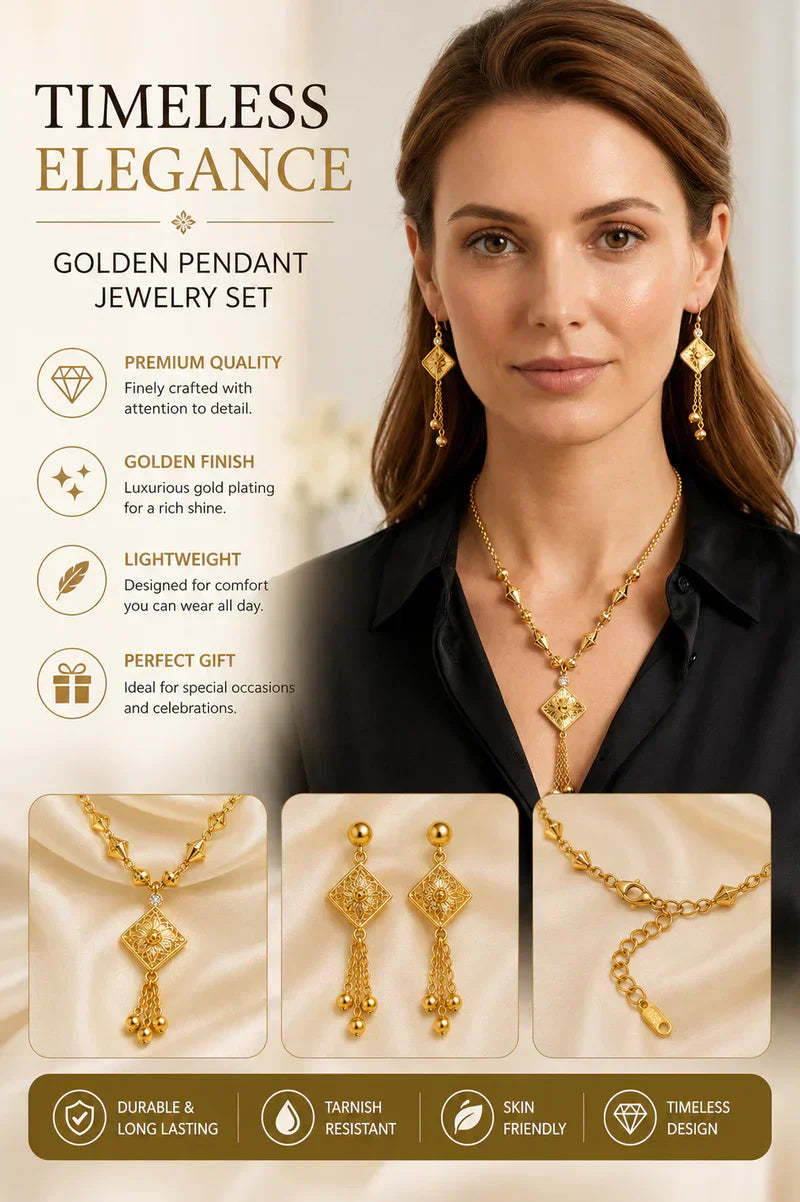 Gold Tone Necklace & Earrings Set – Geometric Design